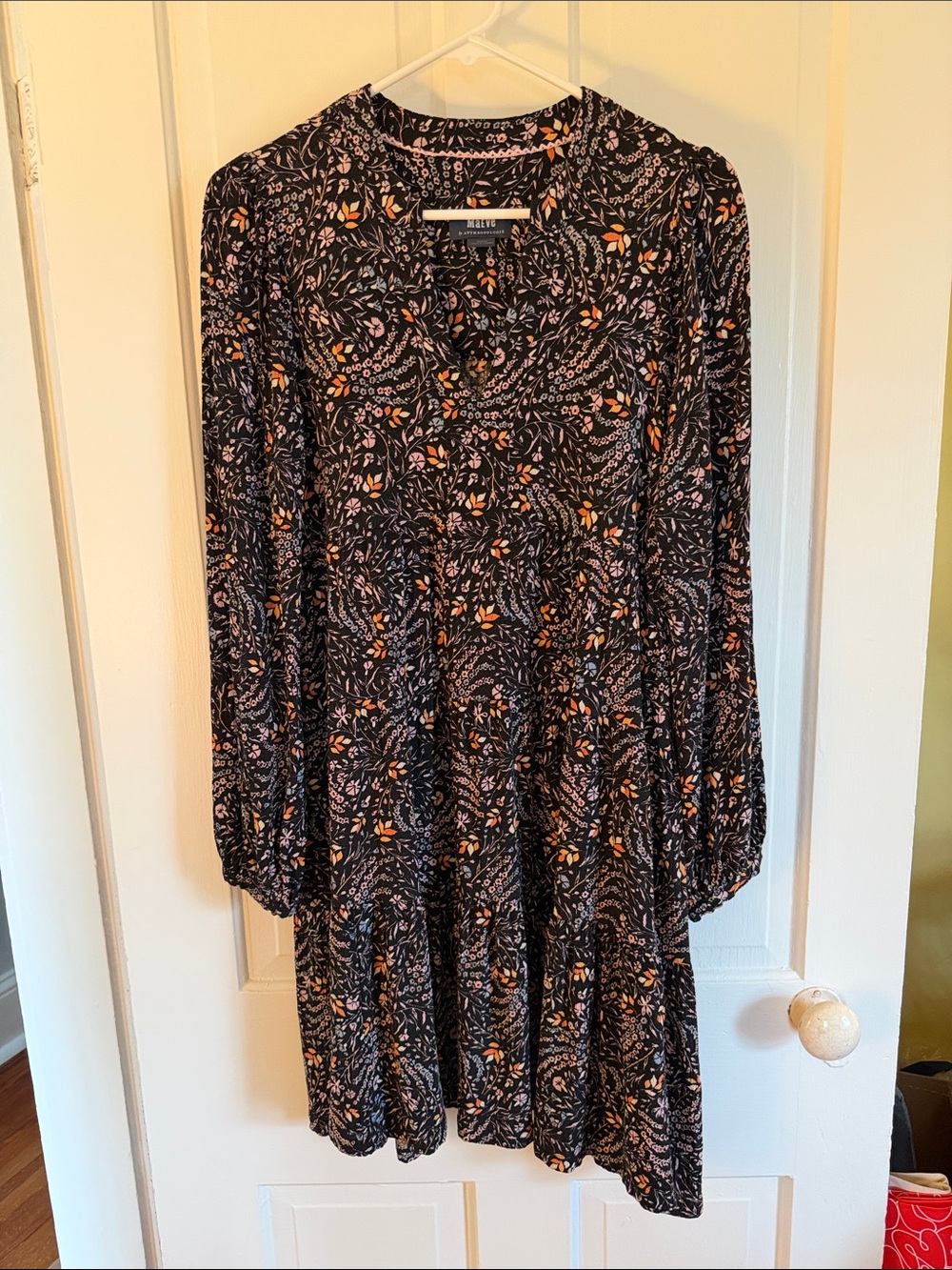 Anthropologie Maeve Black Floral Long Sleeve Tiered Mini Dress
